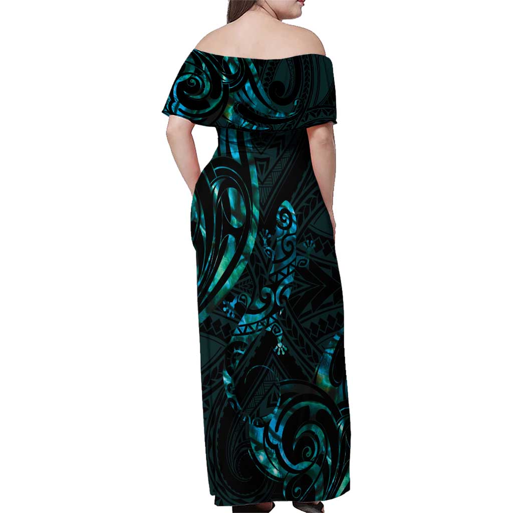 New Zealand Skink Family Matching Off Shoulder Maxi Dress and Hawaiian Shirt Aotearoa Maori Mix Paua Shell LT14 - Polynesian Pride