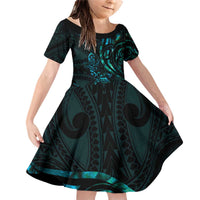 New Zealand Skink Family Matching Off Shoulder Short Dress and Hawaiian Shirt Aotearoa Maori Mix Paua Shell LT14 Daughter's Dress Blue - Polynesian Pride