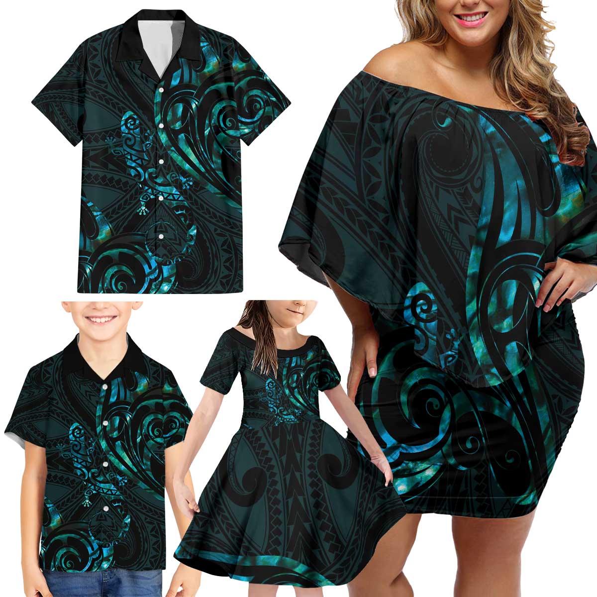 New Zealand Skink Family Matching Off Shoulder Short Dress and Hawaiian Shirt Aotearoa Maori Mix Paua Shell LT14 - Polynesian Pride