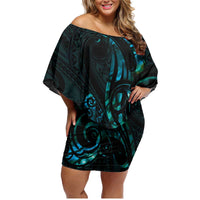 New Zealand Skink Family Matching Off Shoulder Short Dress and Hawaiian Shirt Aotearoa Maori Mix Paua Shell LT14 Mom's Dress Blue - Polynesian Pride