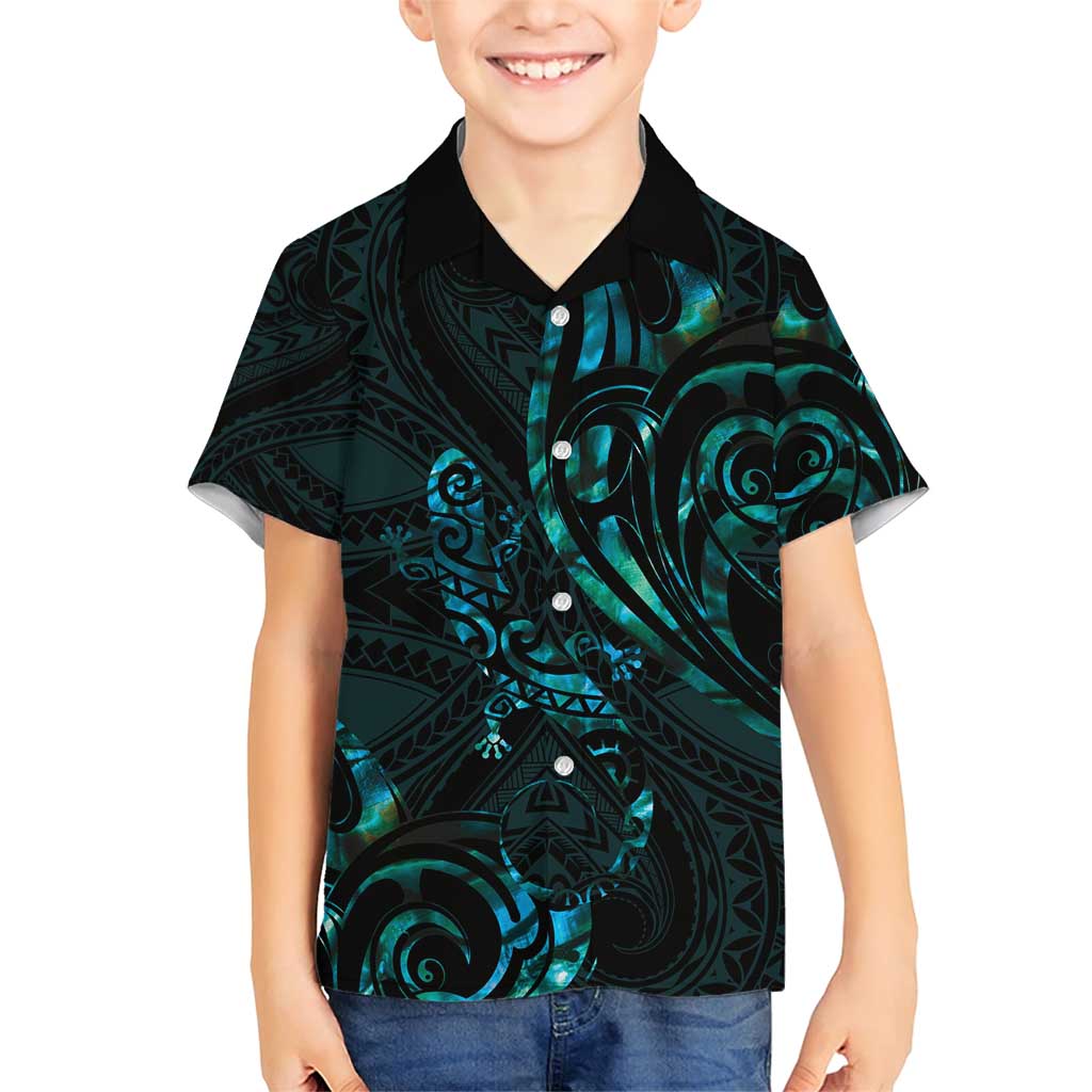 New Zealand Skink Family Matching Short Sleeve Bodycon Dress and Hawaiian Shirt Aotearoa Maori Mix Paua Shell LT14 Son's Shirt Blue - Polynesian Pride