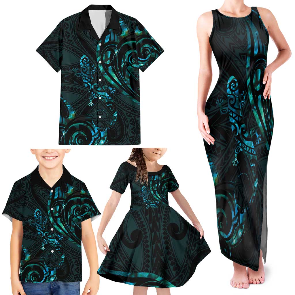 New Zealand Skink Family Matching Tank Maxi Dress and Hawaiian Shirt Aotearoa Maori Mix Paua Shell LT14 - Polynesian Pride