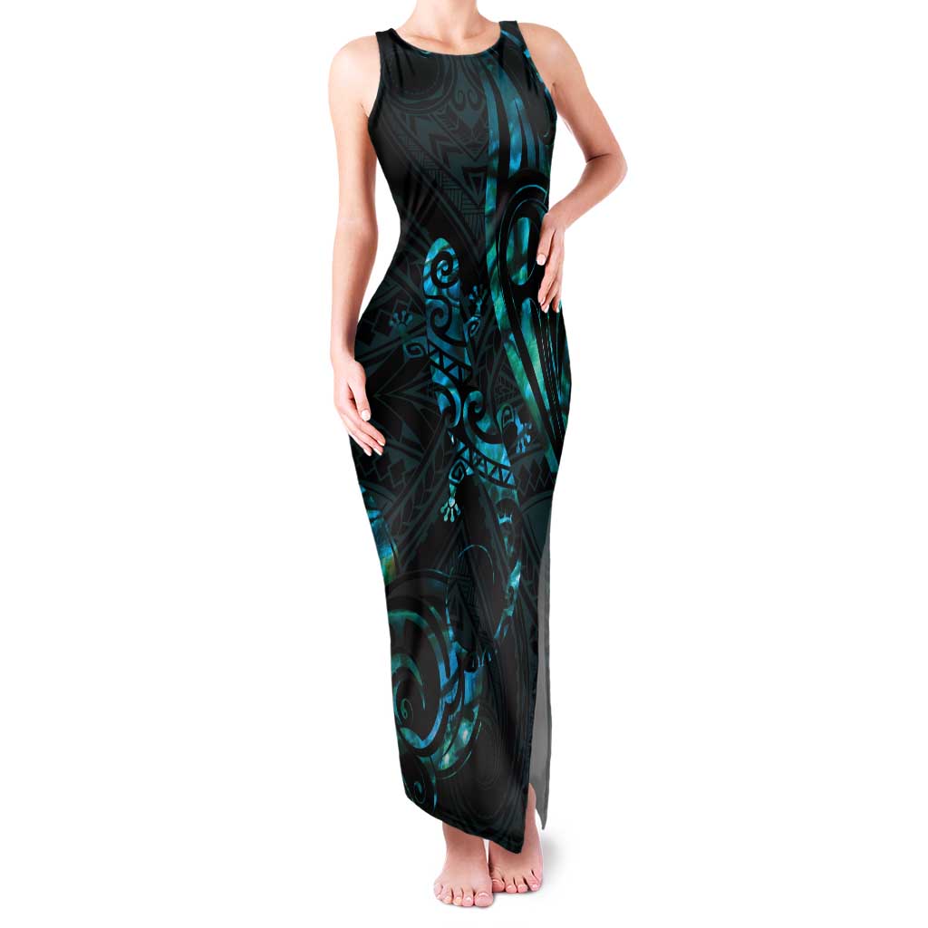 New Zealand Skink Family Matching Tank Maxi Dress and Hawaiian Shirt Aotearoa Maori Mix Paua Shell LT14 Mom's Dress Blue - Polynesian Pride