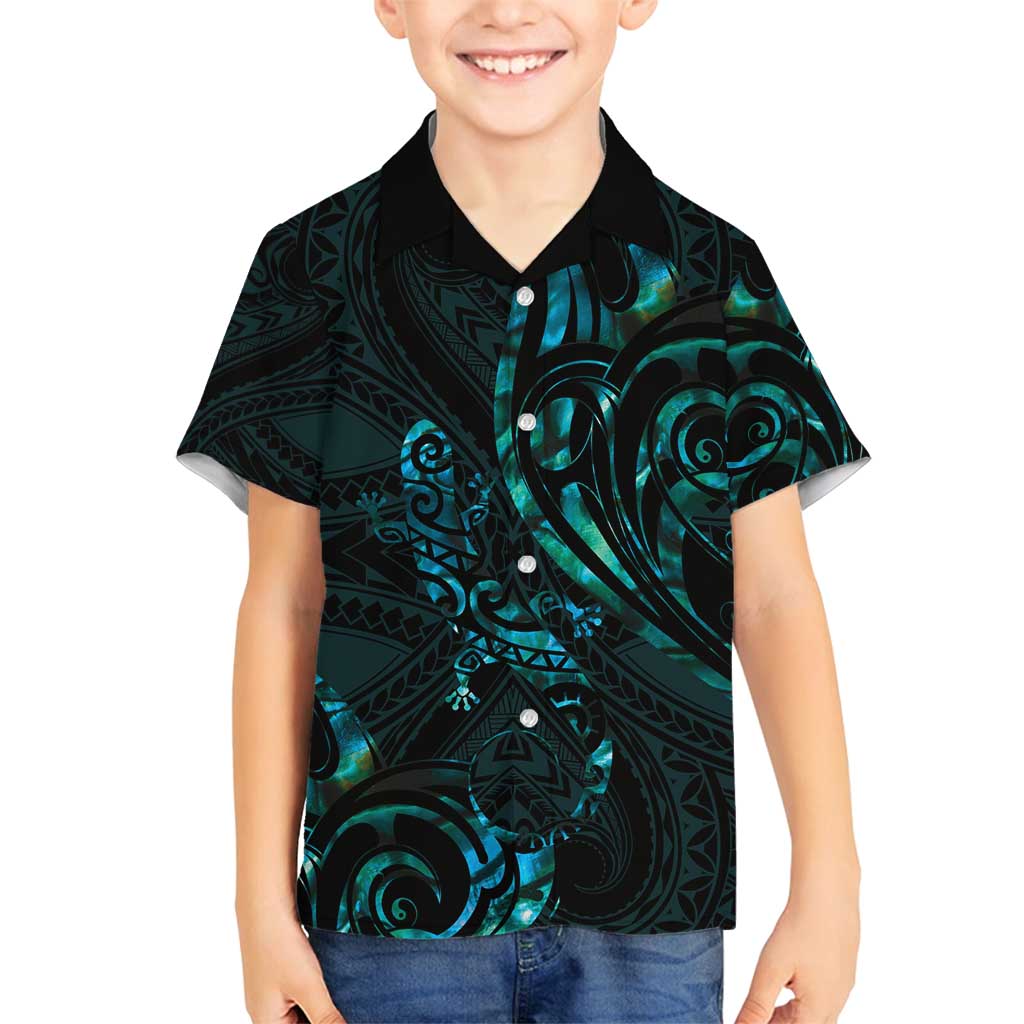 New Zealand Skink Family Matching Tank Maxi Dress and Hawaiian Shirt Aotearoa Maori Mix Paua Shell LT14 Son's Shirt Blue - Polynesian Pride