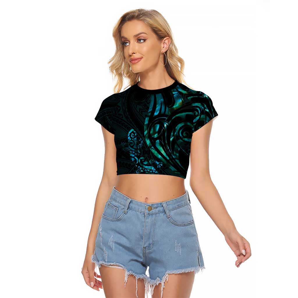 New Zealand Skink Raglan Cropped T Shirt Aotearoa Maori Mix Paua Shell LT14 Female Blue - Polynesian Pride