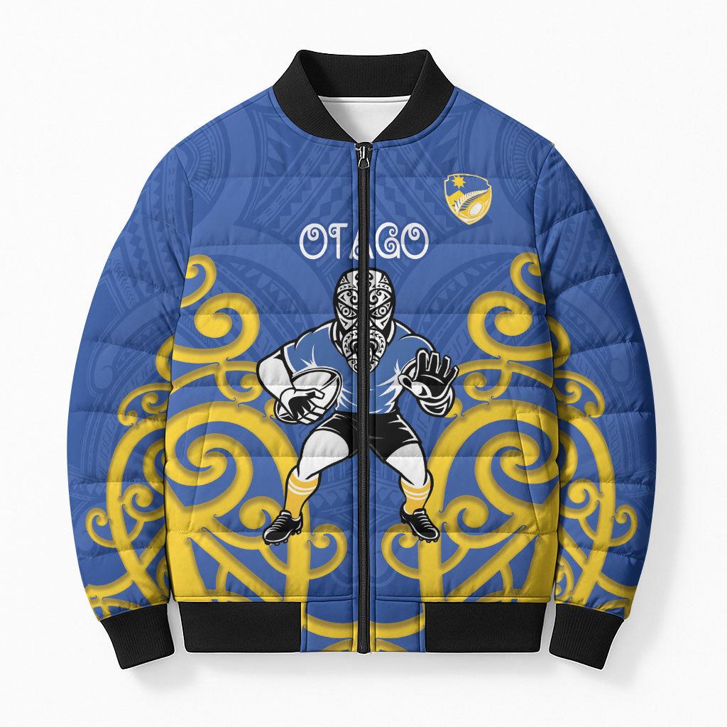 Otago Custom Rugby New Zealand Bomber Puffer Jacket Aotearoa Maori Pukana Tiki Mascot