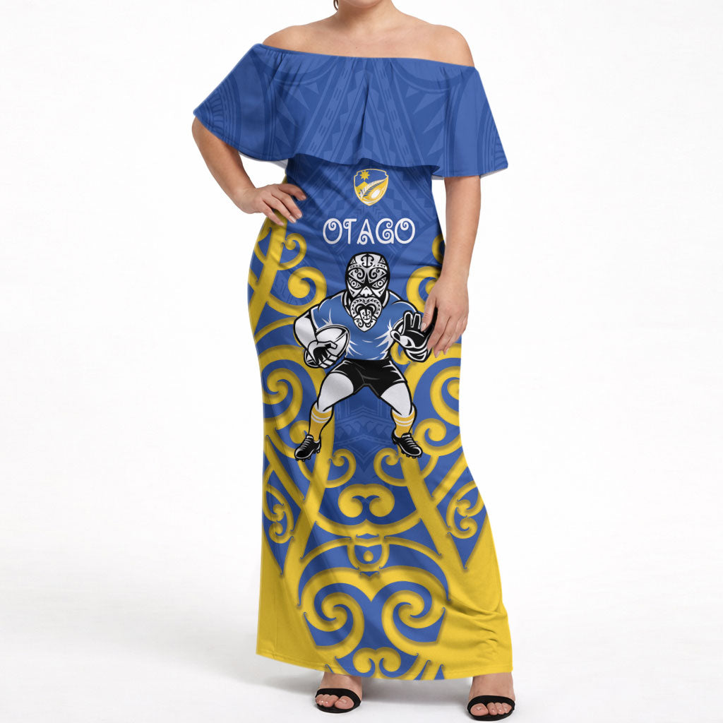 Otago Custom Rugby New Zealand Off Shoulder Maxi Dress Aotearoa Maori Pukana Tiki Mascot