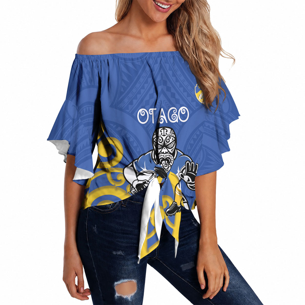 Otago Custom Rugby New Zealand Off Shoulder Wrap Waist Top Aotearoa Maori Pukana Tiki Mascot
