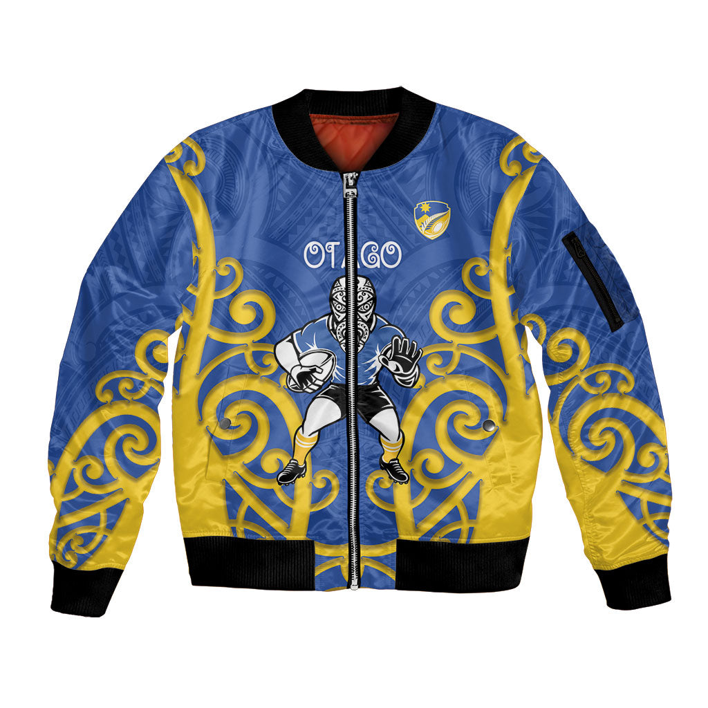Otago Custom Rugby New Zealand Sleeve Zip Bomber Jacket Aotearoa Maori Pukana Tiki Mascot