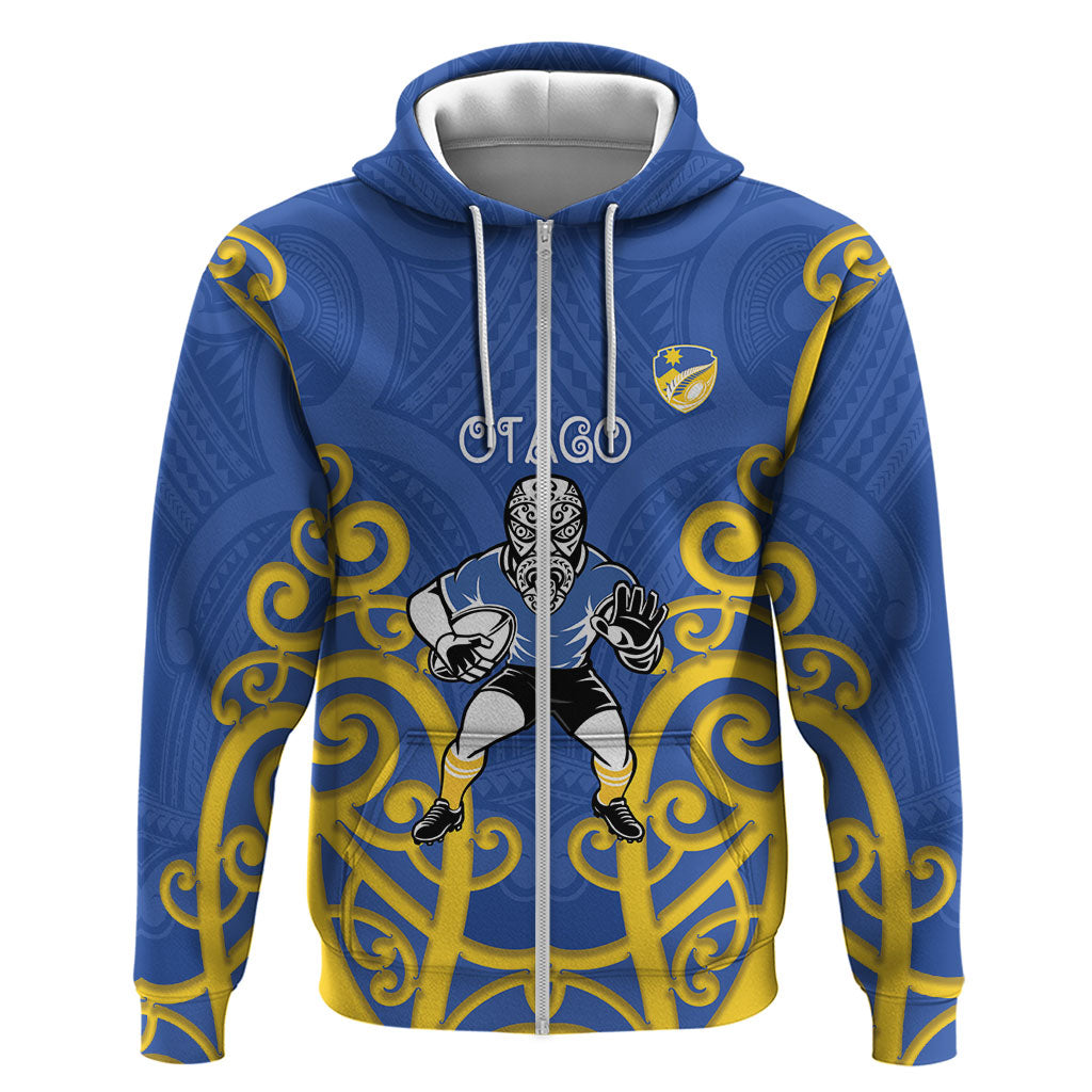 Otago Custom Rugby New Zealand Zip Hoodie Aotearoa Maori Pukana Tiki Mascot