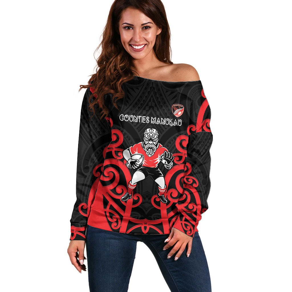Counties Manukau Custom Rugby New Zealand Off Shoulder Sweater Aotearoa Maori Pukana Tiki Mascot