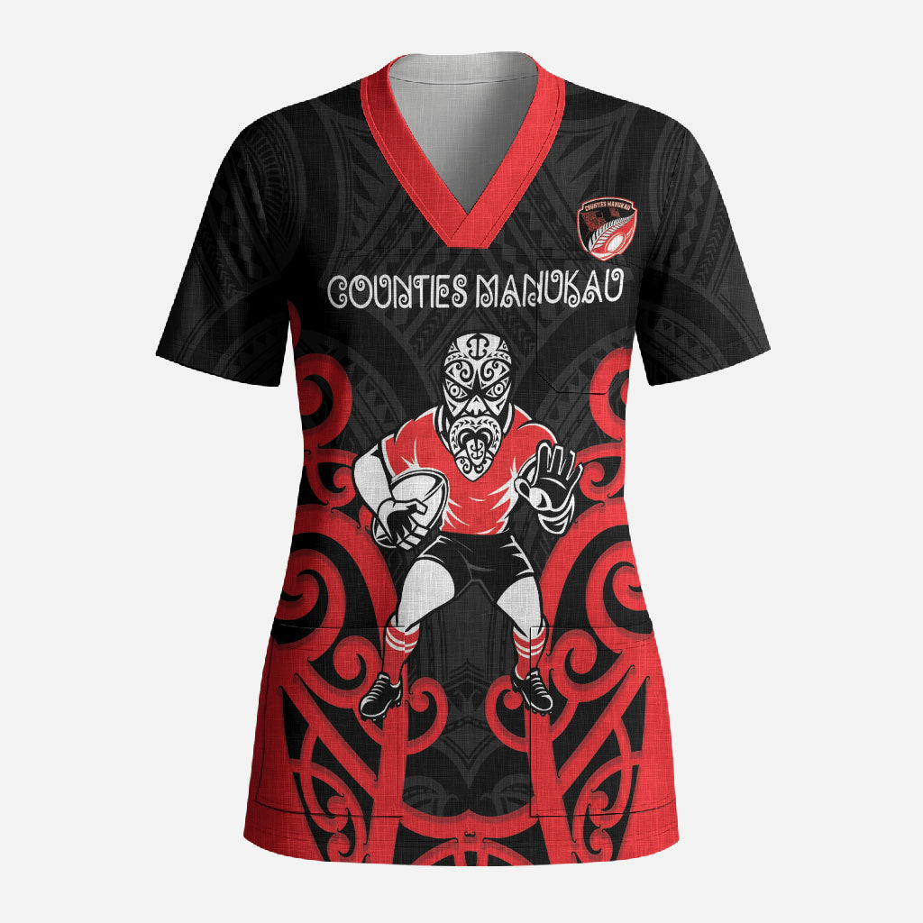 Counties Manukau Custom Rugby New Zealand Scrub Top Aotearoa Maori Pukana Tiki Mascot