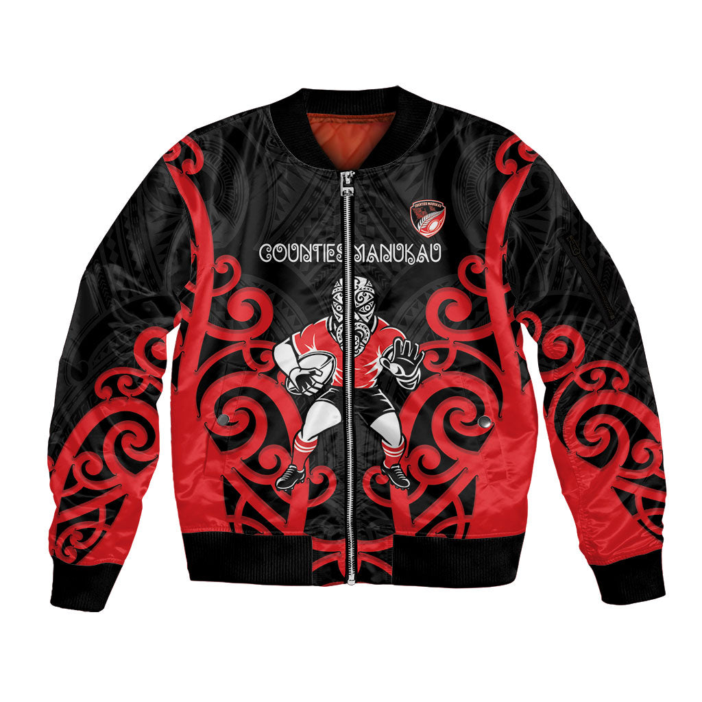 Counties Manukau Custom Rugby New Zealand Sleeve Zip Bomber Jacket Aotearoa Maori Pukana Tiki Mascot