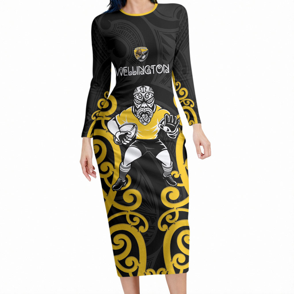 Wellington Custom Rugby New Zealand Long Sleeve Bodycon Dress Aotearoa Maori Pukana Tiki Mascot