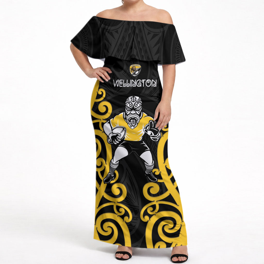 Wellington Custom Rugby New Zealand Off Shoulder Maxi Dress Aotearoa Maori Pukana Tiki Mascot