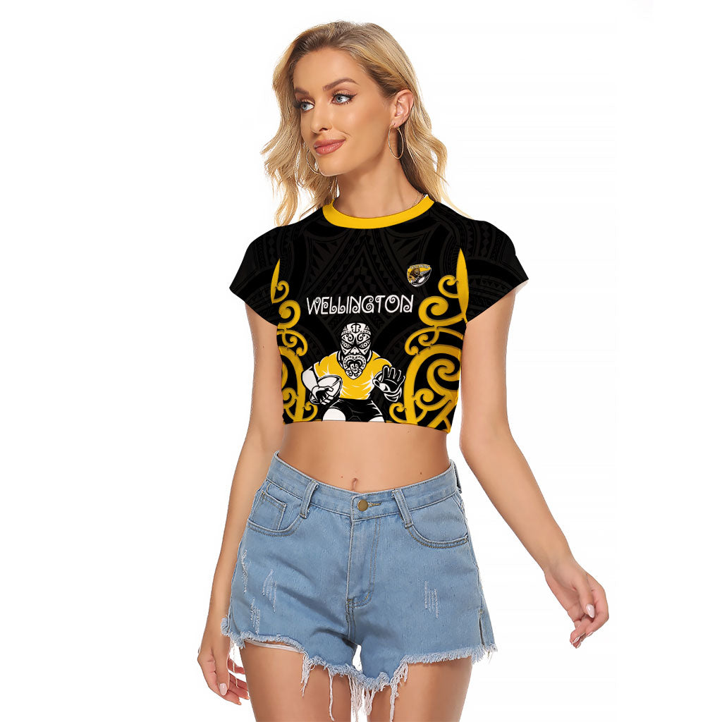 Wellington Custom Rugby New Zealand Raglan Cropped T Shirt Aotearoa Maori Pukana Tiki Mascot