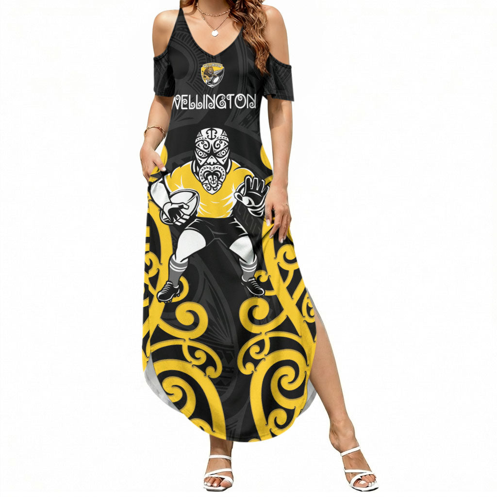 Wellington Custom Rugby New Zealand Summer Maxi Dress Aotearoa Maori Pukana Tiki Mascot