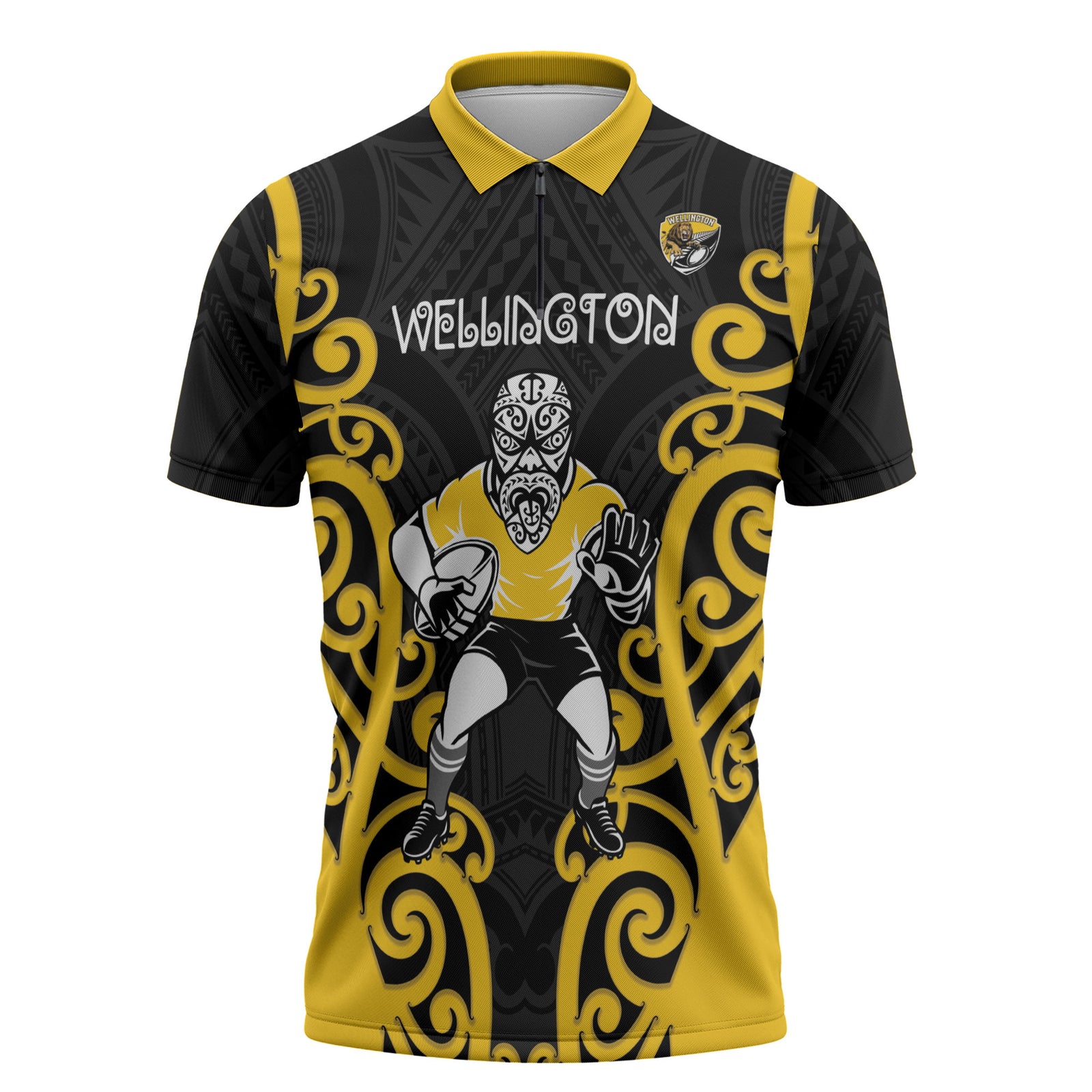 Wellington Custom Rugby New Zealand Zipper Polo Shirt Aotearoa Maori Pukana Tiki Mascot