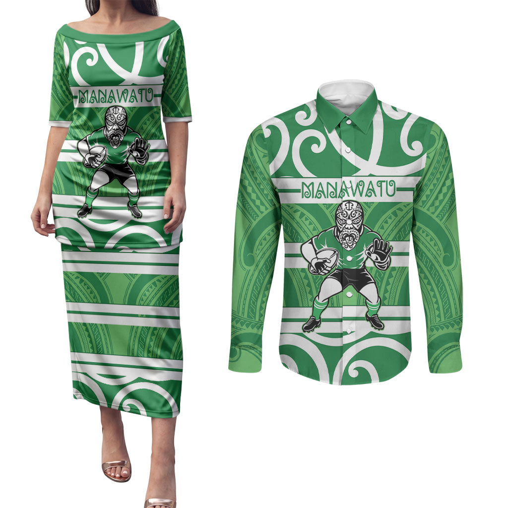Manawatu Custom Rugby New Zealand Couples Matching Puletasi and Long Sleeve Button Shirt Aotearoa Maori Pukana Tiki Mascot