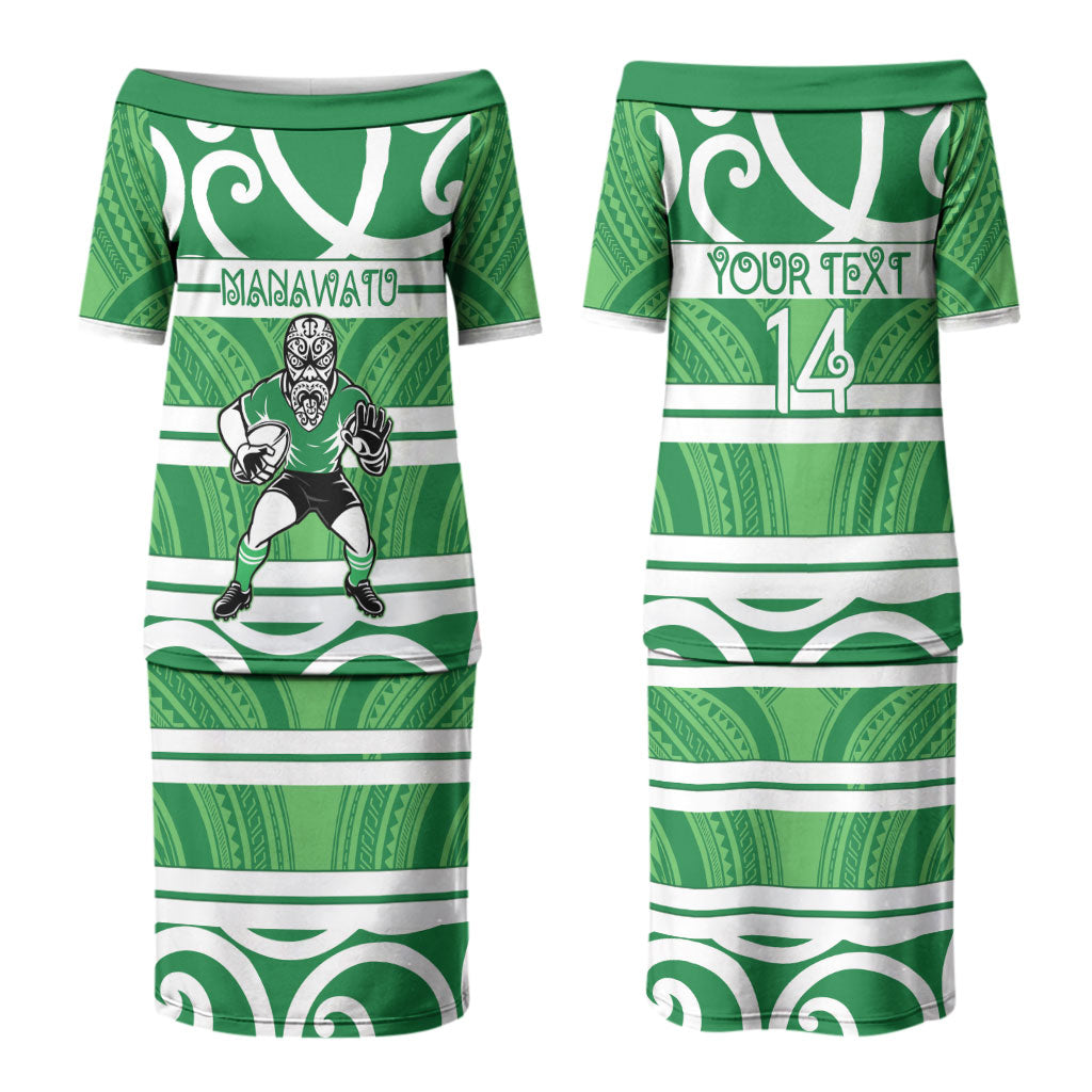 Manawatu Custom Rugby New Zealand Couples Matching Puletasi and Long Sleeve Button Shirt Aotearoa Maori Pukana Tiki Mascot