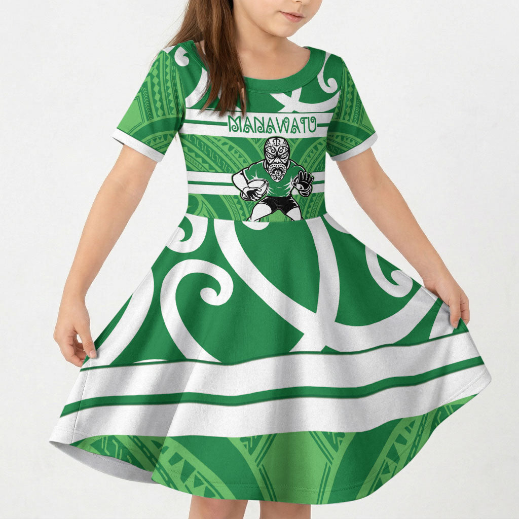 Manawatu Custom Rugby New Zealand Kid Short Sleeve Dress Aotearoa Maori Pukana Tiki Mascot