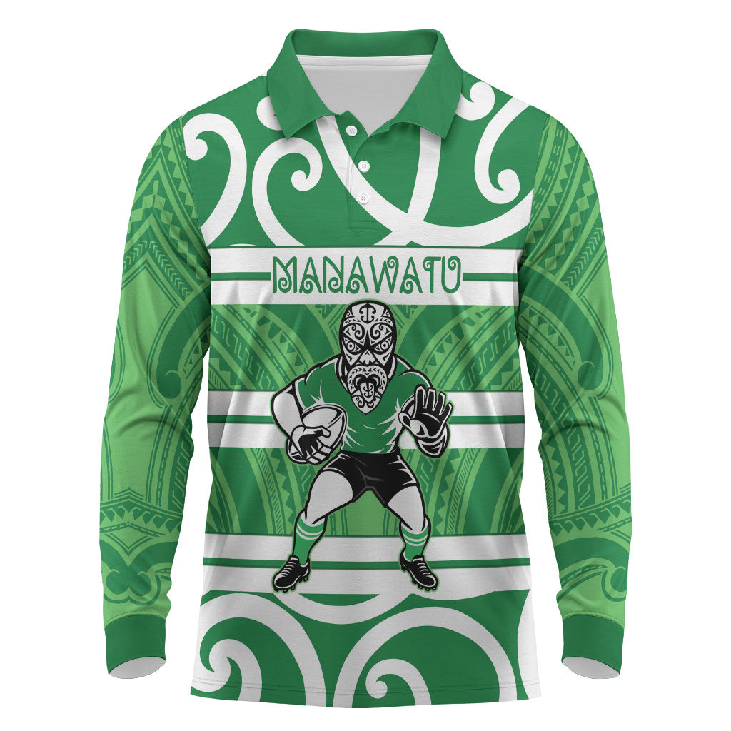Manawatu Custom Rugby New Zealand Long Sleeve Polo Shirt Aotearoa Maori Pukana Tiki Mascot