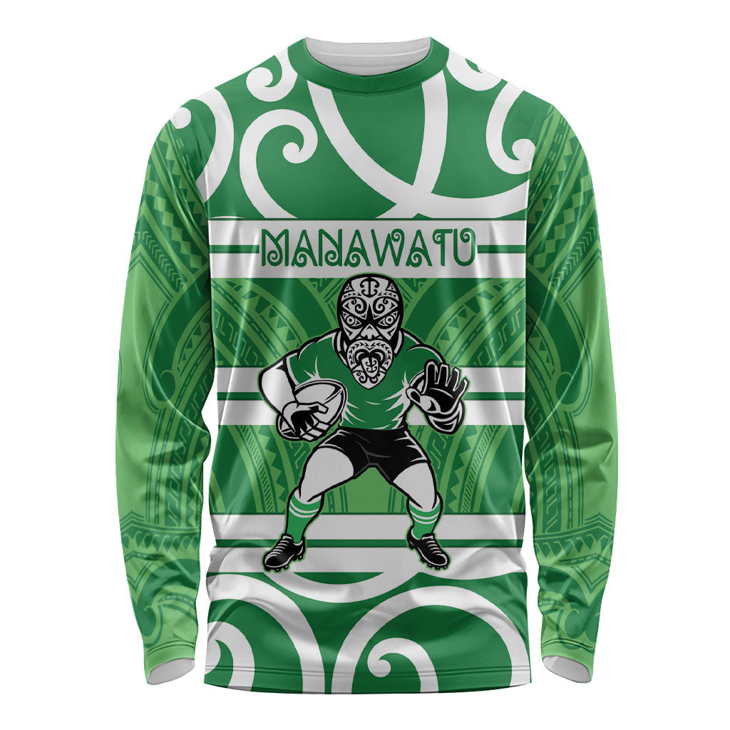 Manawatu Custom Rugby New Zealand Long Sleeve Shirt Aotearoa Maori Pukana Tiki Mascot