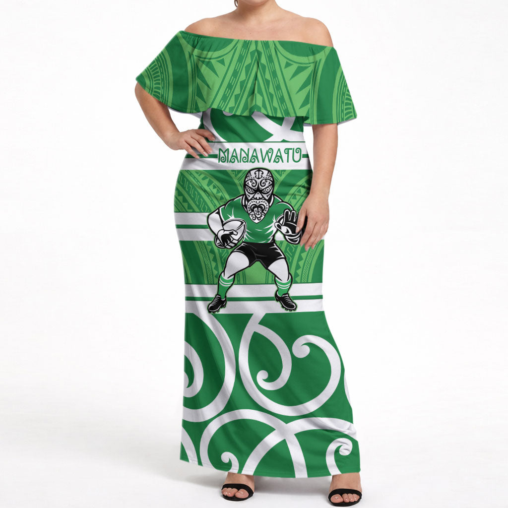 Manawatu Custom Rugby New Zealand Off Shoulder Maxi Dress Aotearoa Maori Pukana Tiki Mascot
