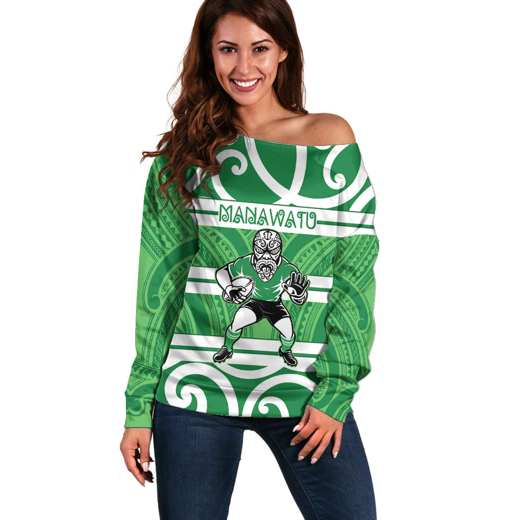 Manawatu Custom Rugby New Zealand Off Shoulder Sweater Aotearoa Maori Pukana Tiki Mascot