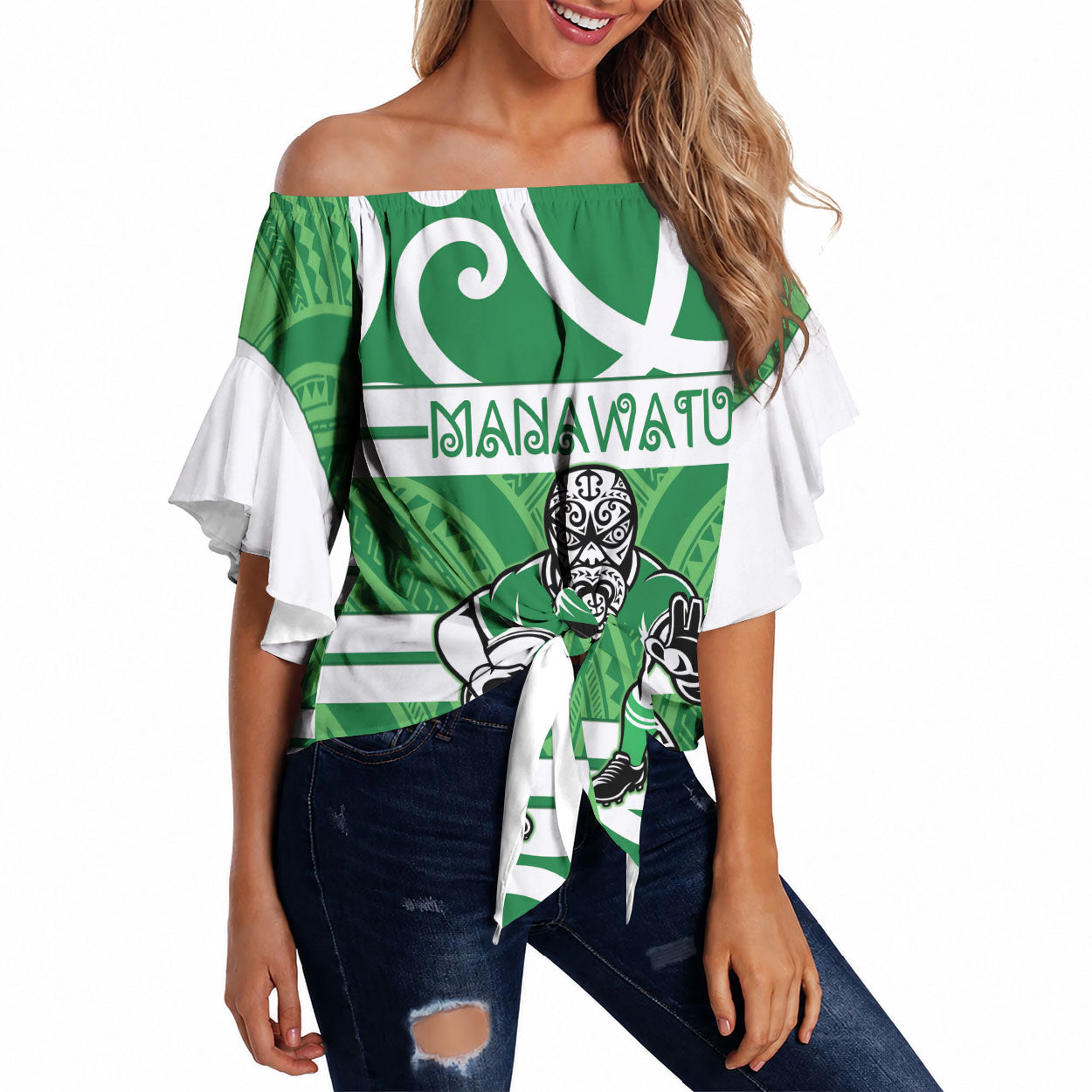 Manawatu Custom Rugby New Zealand Off Shoulder Wrap Waist Top Aotearoa Maori Pukana Tiki Mascot