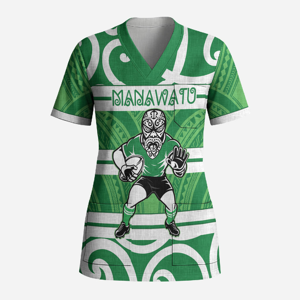 Manawatu Custom Rugby New Zealand Scrub Top Aotearoa Maori Pukana Tiki Mascot
