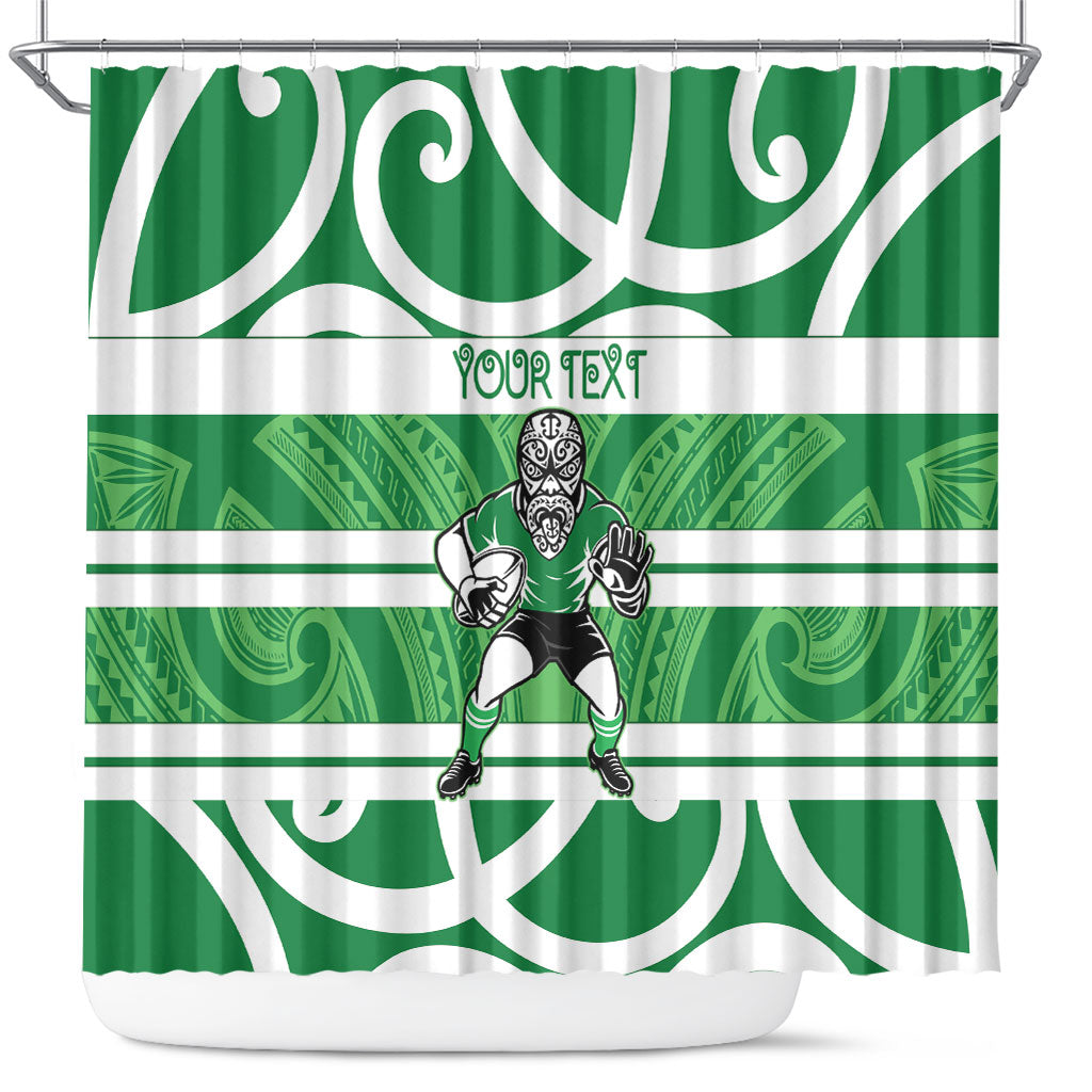 Manawatu Custom Rugby New Zealand Shower Curtain Aotearoa Maori Pukana Tiki Mascot