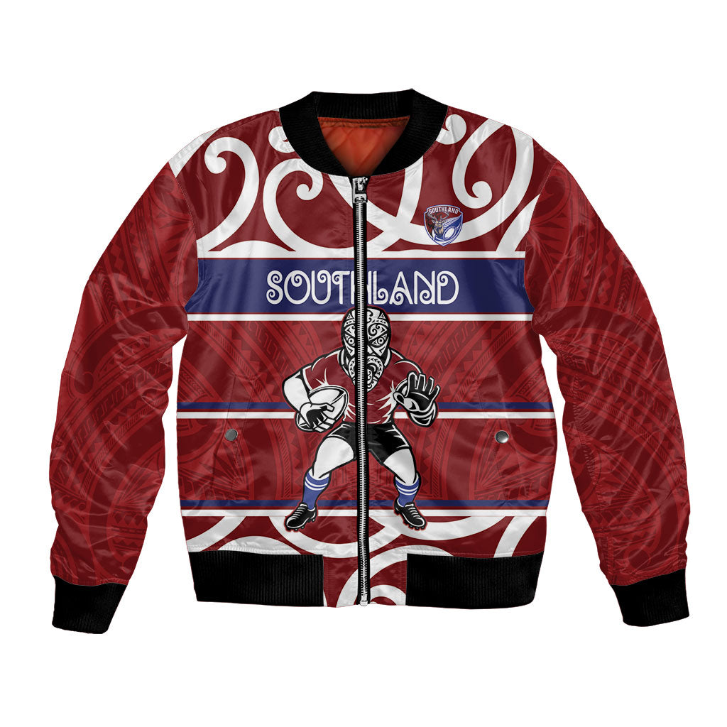 Southland Custom Rugby New Zealand Bomber Jacket Aotearoa Maori Pukana Tiki Mascot