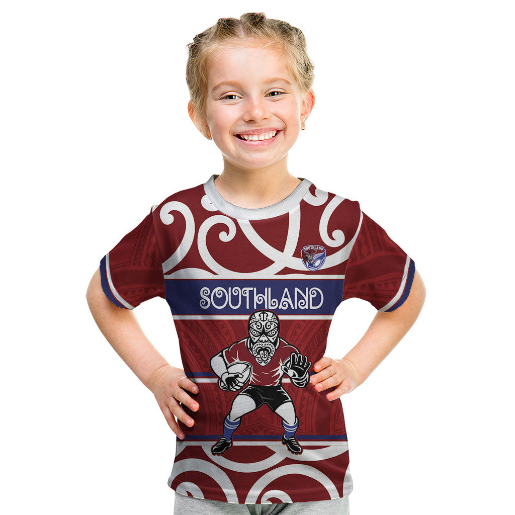 Southland Custom Rugby New Zealand Kid T Shirt Aotearoa Maori Pukana Tiki Mascot