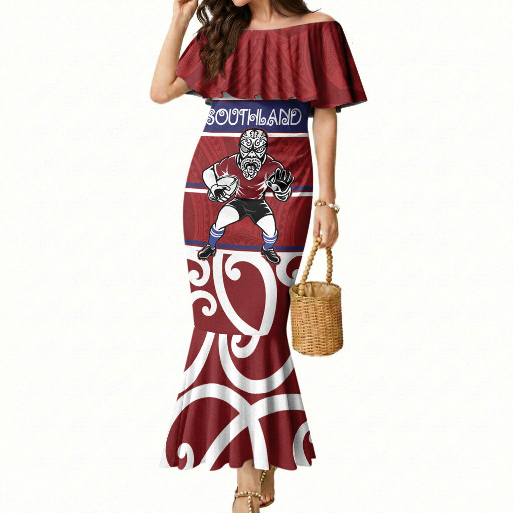 Southland Custom Rugby New Zealand Mermaid Dress Aotearoa Maori Pukana Tiki Mascot