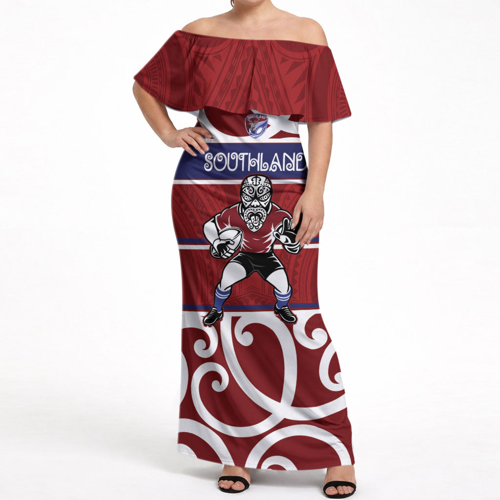 Southland Custom Rugby New Zealand Off Shoulder Maxi Dress Aotearoa Maori Pukana Tiki Mascot
