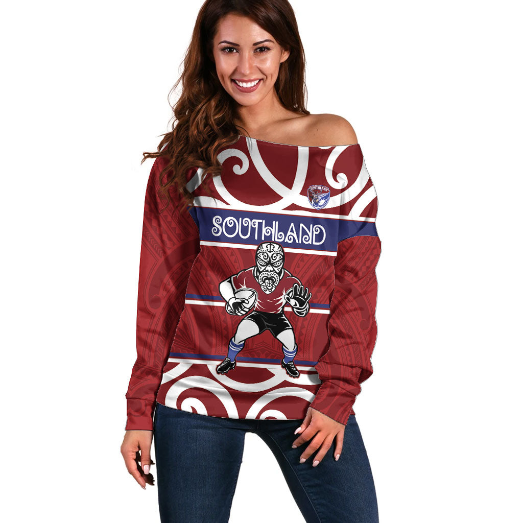 Southland Custom Rugby New Zealand Off Shoulder Sweater Aotearoa Maori Pukana Tiki Mascot