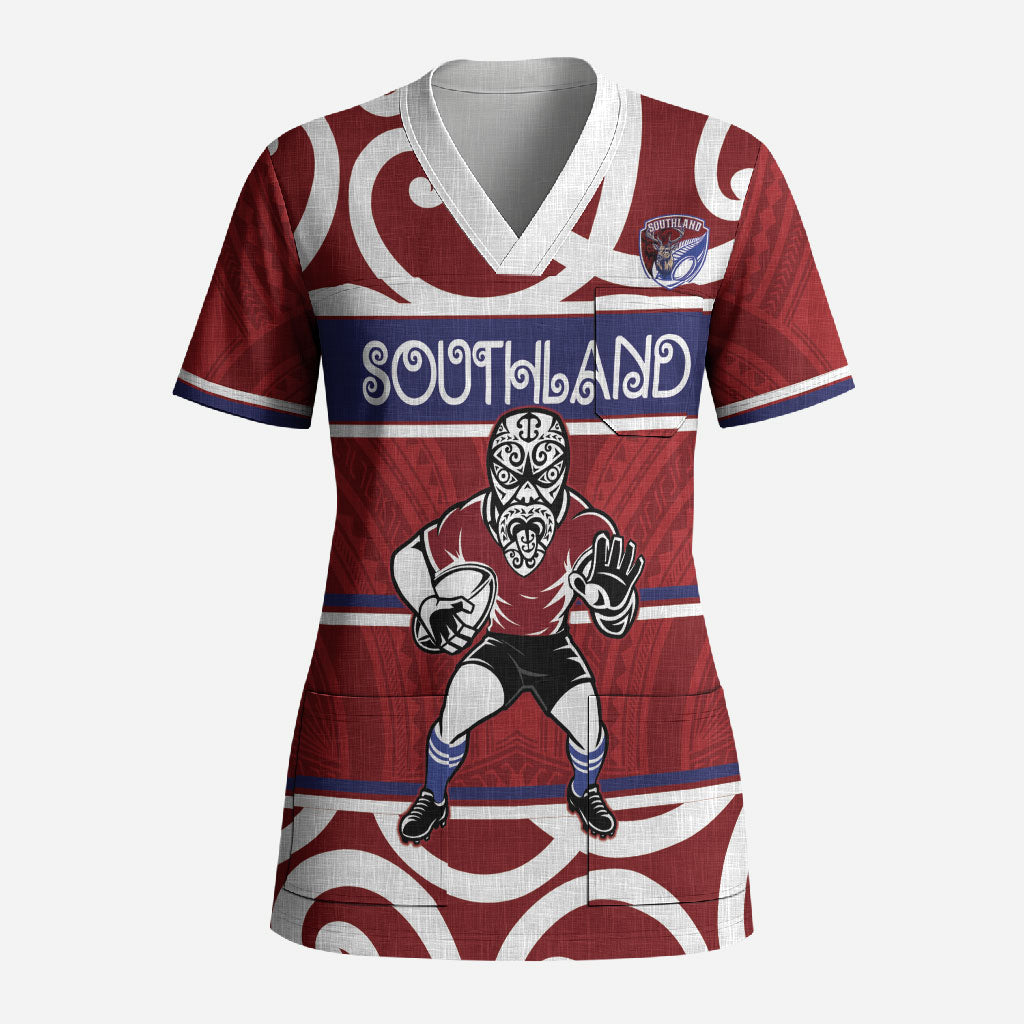 Southland Custom Rugby New Zealand Scrub Top Aotearoa Maori Pukana Tiki Mascot
