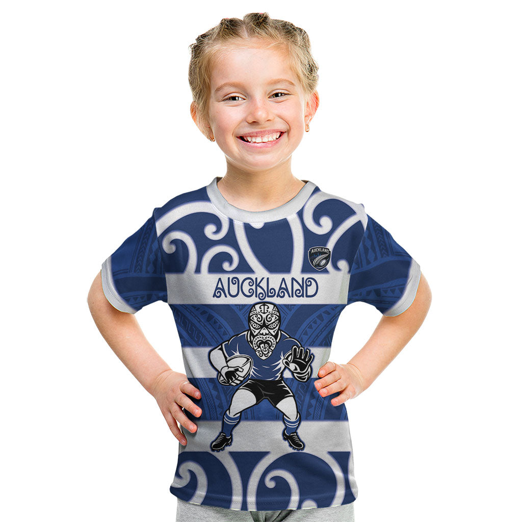 Auckland Custom Rugby New Zealand Kid T Shirt Aotearoa Maori Pukana Tiki Mascot
