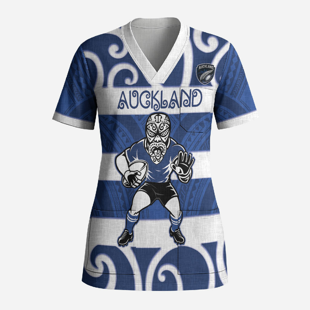 Auckland Custom Rugby New Zealand Scrub Top Aotearoa Maori Pukana Tiki Mascot