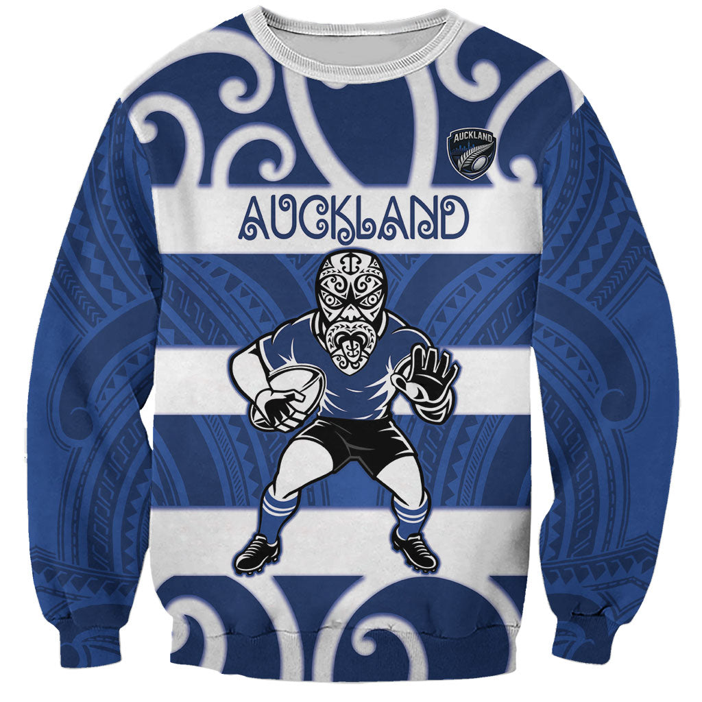 Auckland Custom Rugby New Zealand Sweatshirt Aotearoa Maori Pukana Tiki Mascot