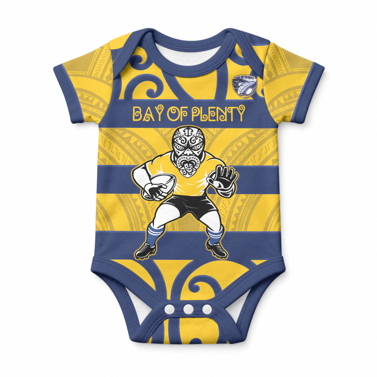 Bay of Plenty Custom Rugby New Zealand Baby Onesie Aotearoa Maori Pukana Tiki Mascot