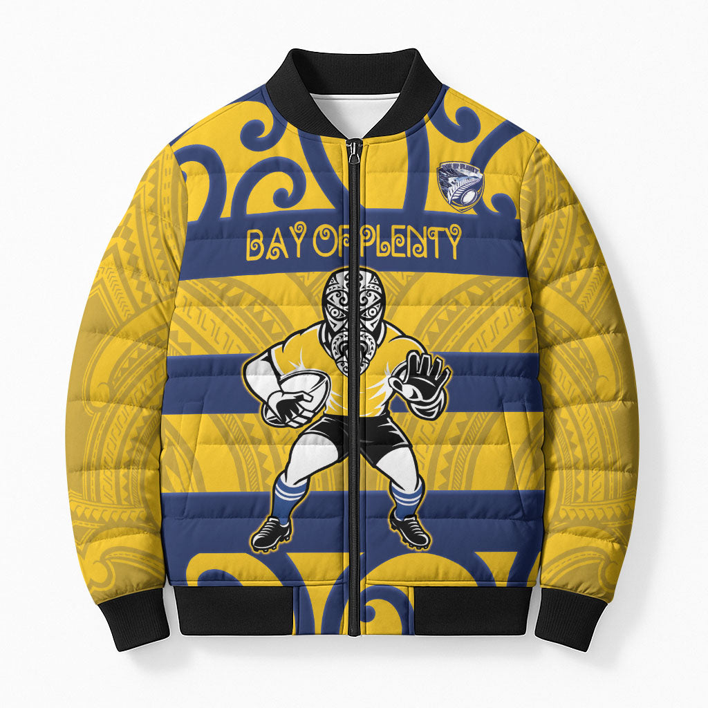 Bay of Plenty Custom Rugby New Zealand Bomber Puffer Jacket Aotearoa Maori Pukana Tiki Mascot