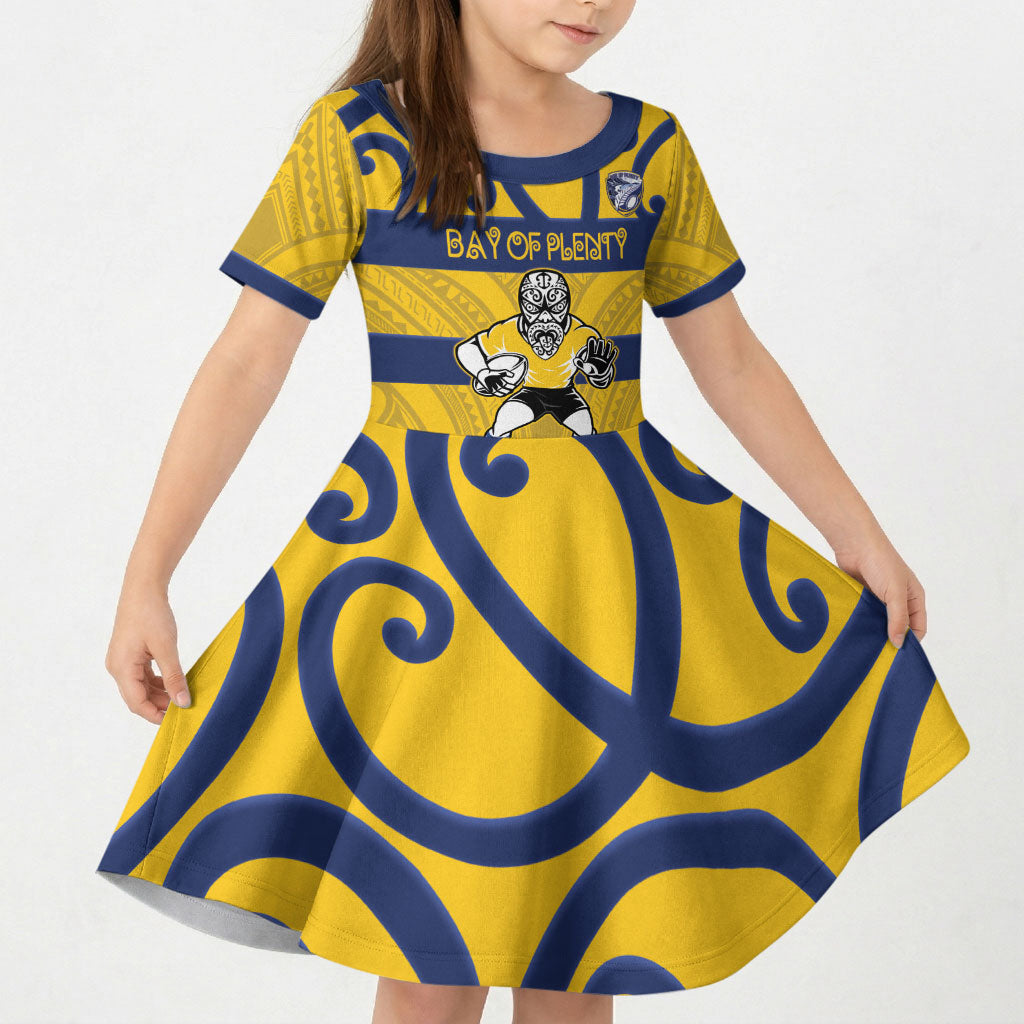 Bay of Plenty Custom Rugby New Zealand Kid Short Sleeve Dress Aotearoa Maori Pukana Tiki Mascot