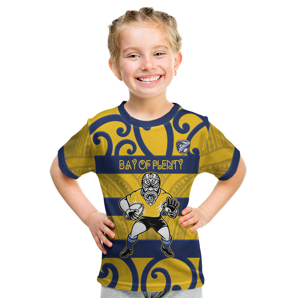 Bay of Plenty Custom Rugby New Zealand Kid T Shirt Aotearoa Maori Pukana Tiki Mascot