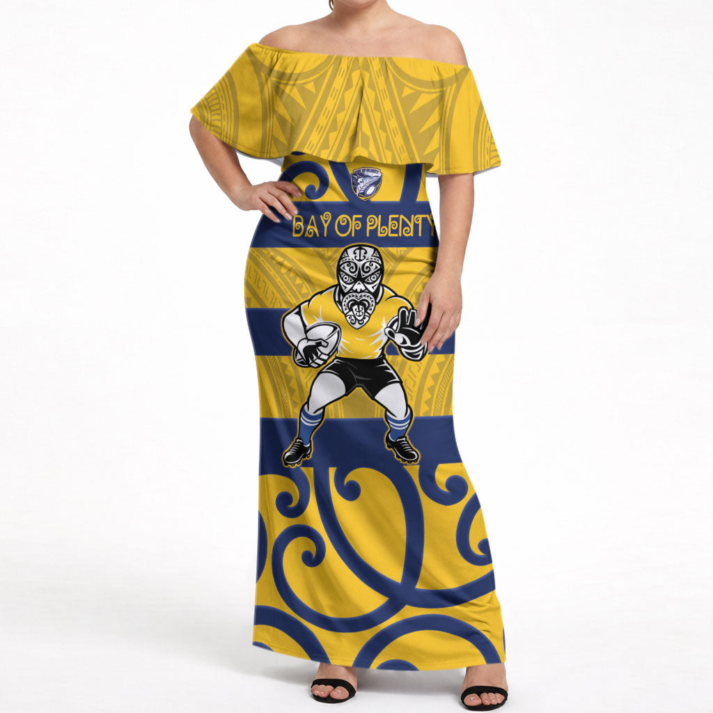 Bay of Plenty Custom Rugby New Zealand Off Shoulder Maxi Dress Aotearoa Maori Pukana Tiki Mascot