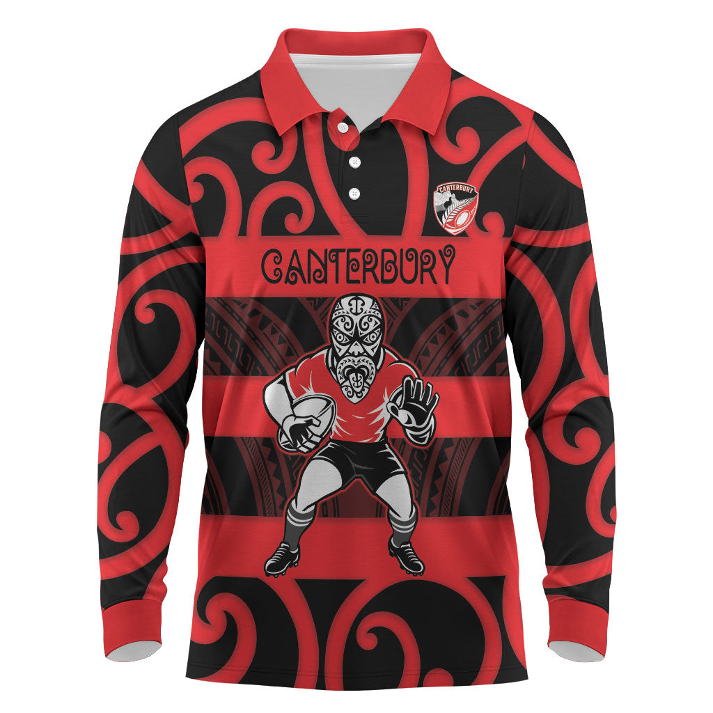 Canterbury Custom Rugby New Zealand Long Sleeve Polo Shirt Aotearoa Maori Pukana Tiki Mascot