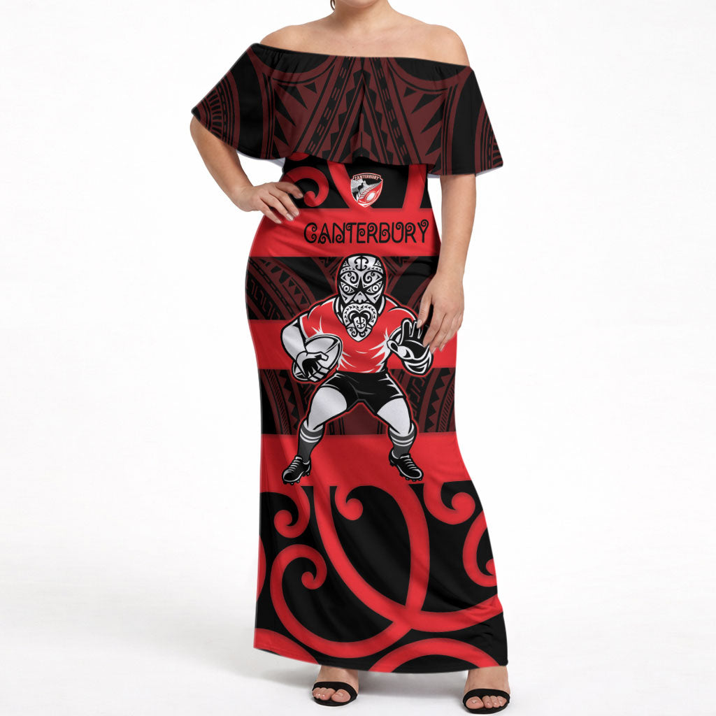 Canterbury Custom Rugby New Zealand Off Shoulder Maxi Dress Aotearoa Maori Pukana Tiki Mascot