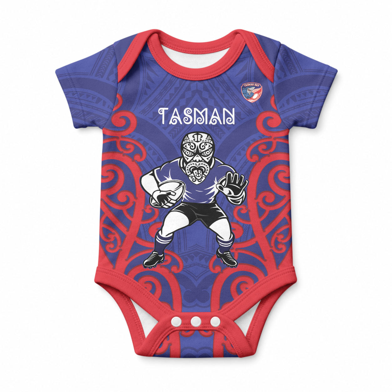Tasman Custom Rugby New Zealand Baby Onesie Aotearoa Maori Pukana Tiki Mascot