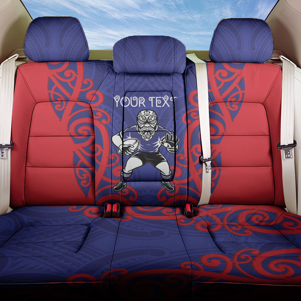 Tasman Custom Rugby New Zealand Back Car Seat Cover Aotearoa Maori Pukana Tiki Mascot